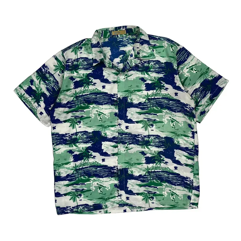 Han Ton Hawaiian Shirt - Large Blue Cotton Blend