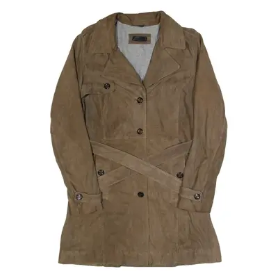 DEER CRAFT Belted Womens Overcoat Jacket Brown Leather Suede 90s S