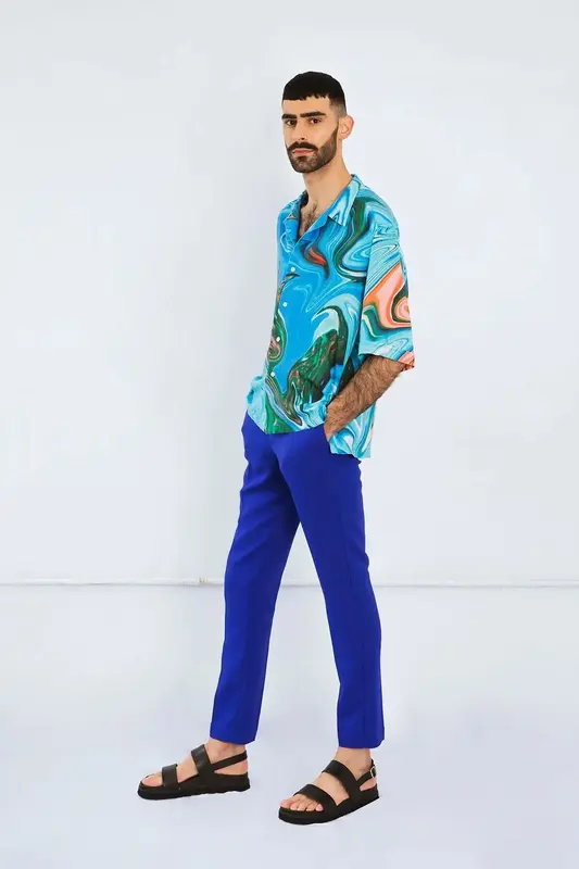 Cuban Collar Shirt In Paint Stroke | Size: M