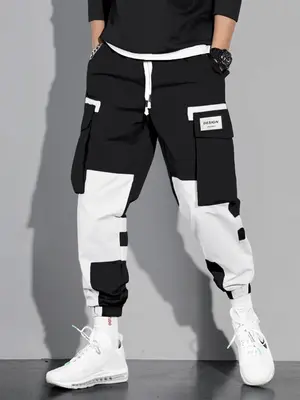 Men's Colorblock Drawstring Waist Cargo Pants, Casual Flap Pocket Letter Patched Trousers, Men's Streetwear Bottoms, Comfy Jo...