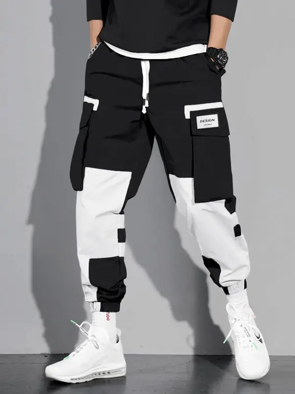 Men's Colorblock Drawstring Waist Cargo Pants, Casual Flap Pocket Letter Patched Trousers, Men's Streetwear Bottoms, Comfy Jo...