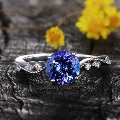 Round Tanzanite engagement ring floral ring diamond promise ring rose gold