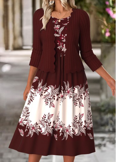 Modlily Wine Red Tummy Coverage Floral Print Dress and Cardigan - L