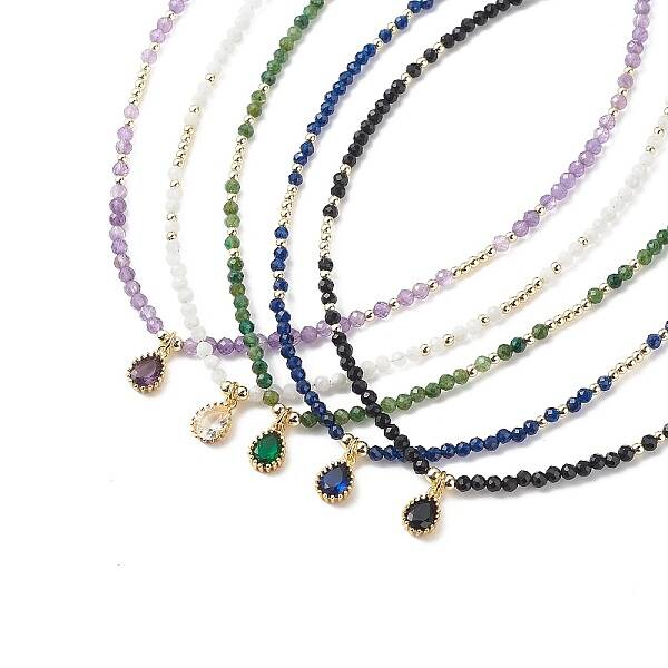 Cubic Zirconia Teardrop Pendant Necklace with Natural Gemstone Beaded Chains for Women