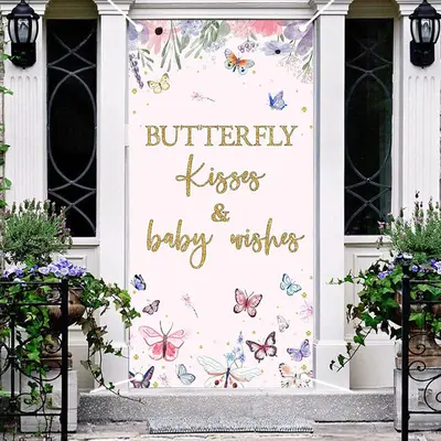 Butterfly Kisses Pink Floral Baby Shower Door Cover - Aperturee