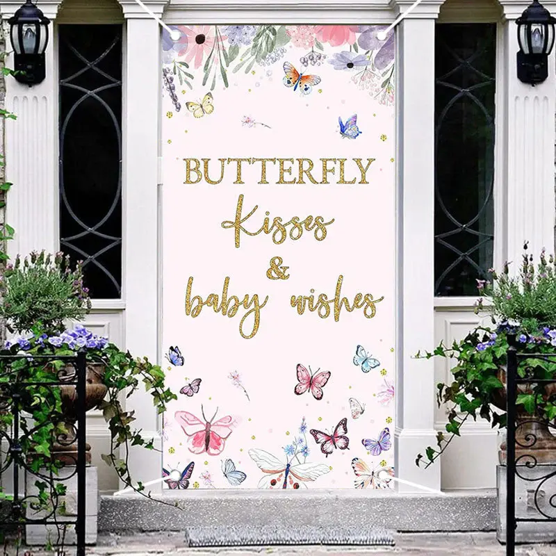 Butterfly Kisses Pink Floral Baby Shower Door Cover - Aperturee