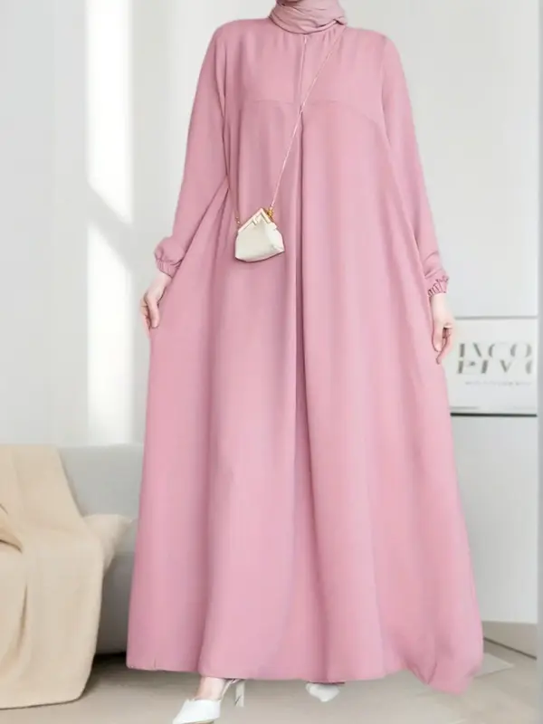 Elegant Women's Loose-Fit Lantern Sleeve Dress, Round Neck Back Zipper Design, All-Season Woven Fabric, Perfect for Home & Fe...