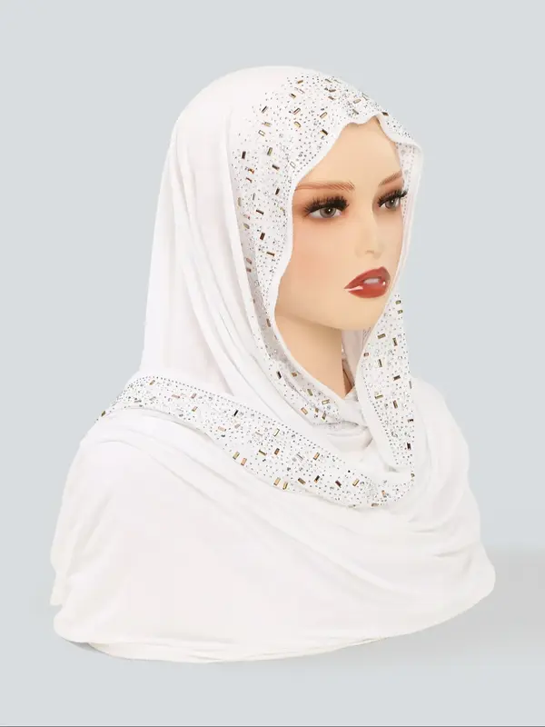 Luxury Solid Color Rhinestone Handmade Headscarf, Soft Comfortable Breathable Jersey Hijab, Elegant Women's Scarf Shawl for D...