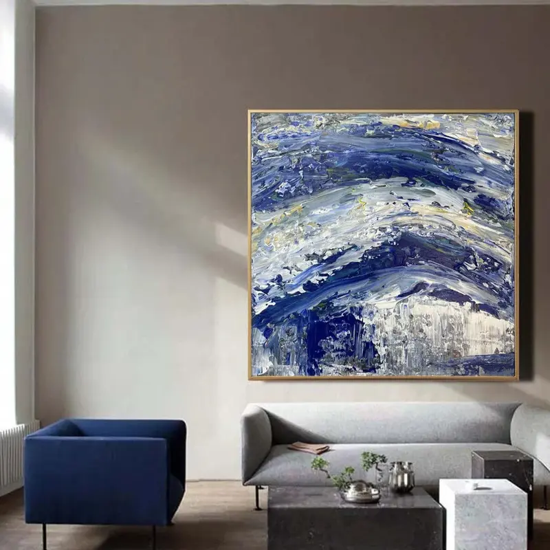 Large Blue Paintings On Canvas Abstract Water Artwork Creative Blue Wave Modern Texture Oil Painting Original Wall Art for Ho...