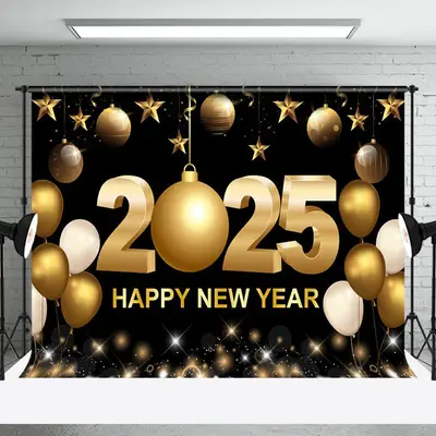Gold Bauble Balloon Shining 2025 New Year Backdrop - Aperturee