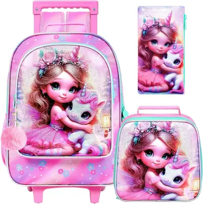 Girls Rolling Backpack, Cute Unicorn Roller Wheels Kids Bookbag - Wheeled Elementary School Bag