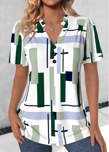 Modlily Multi Color Split Geometric Print Short Sleeve Blouse - M