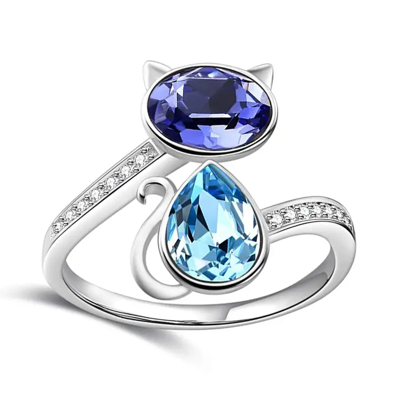 Sterling Silver Pear Shaped Crystal Cat Open Ring