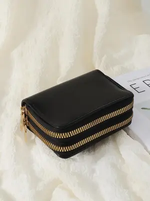 Women's 1 Piece Minimalist Short Wallet, Double Zipper Around Clutch Purse, Simple Casual Multi-Card Card Holder
