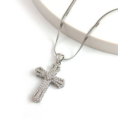 Brass Micro Pave Clear Cubic Zirconia Cross Pendant Necklaces