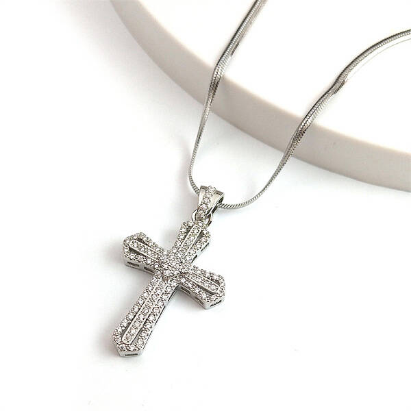 Brass Micro Pave Clear Cubic Zirconia Cross Pendant Necklaces