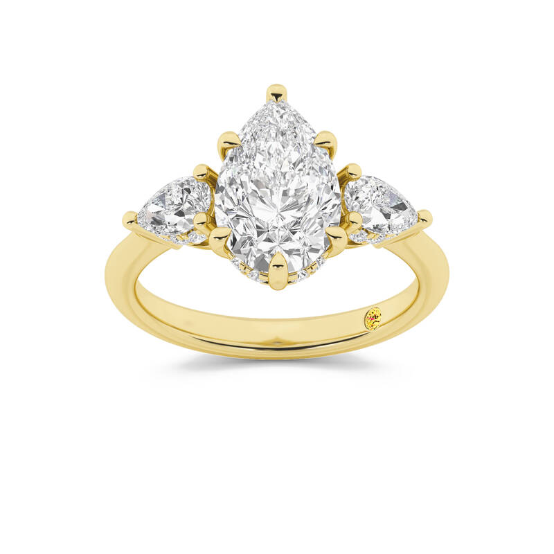Celestia Three Stone Hidden Halo Pear Shape Lab Grown Diamond Engagement Ring | 14K Yellow Gold 4 1/6 CT. TW.