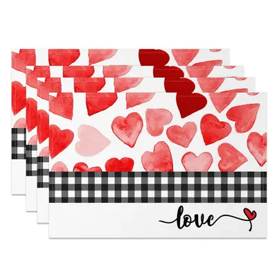Aperturee Romantic Love Plaid Valentines Day Set Of 4 Placemats, 14x12 Inch, 15.8 USD, NYJY00401-S, placemats