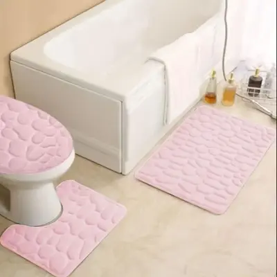 Cobblestone Pattern Bathroom Mat Set, 3pcs Solid Color Non-slip Soft Bathroom Mat Set, Bathroom Mat, U-shaped Toilet Rug, Toi...