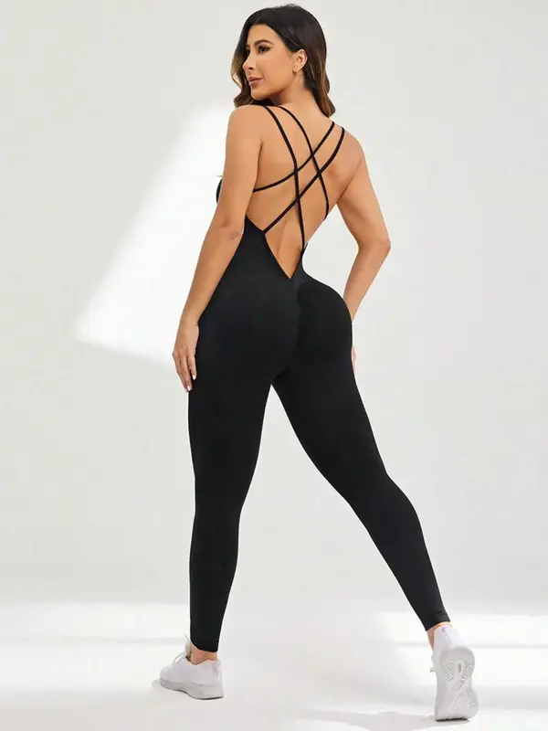 Women's Solid Criss Cross Backless Sports Cami Jumpsuit, Sporty Sleeveless Scoop Neck Tummy Control Jumpsuit for Yoga Gym Wor...