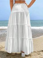 Womenswear Frill Ruffle Hem Hollow Out A Line Vintage Skirt, Girly Clothes, Casual Comfort Bohemian Fit Elastic Waist Long Sk...