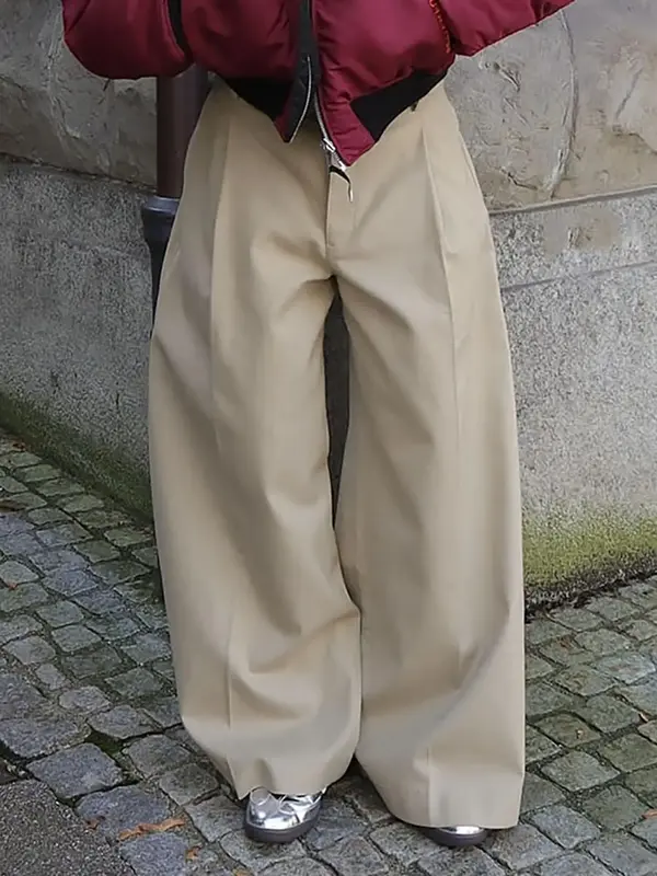 Men's Solid Wide-leg Cargo Pants, Loose Casual Streetwear Button Pocket Trousers for All Season, Fashion Men's Bottoms for Da...