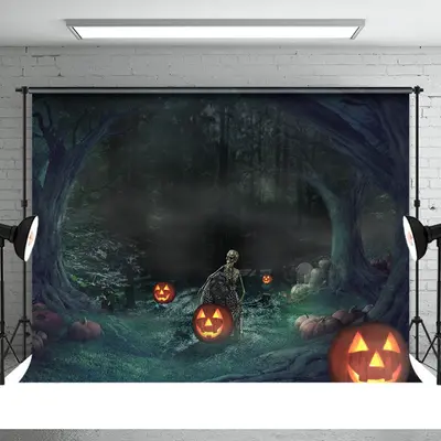 Horrible Skull Night With Pumpkin Halloween Backdrop - Aperturee