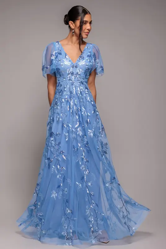 Goddiva Flared Sleeve Embroidered Maxi Dress - Cornflower Blue