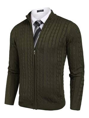 Cardigan Knitted Zip Up Sweater with Pockets (US Only), Army Green / XXL