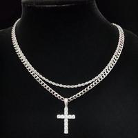 Fashion Double Layer Cross Necklace Cuban Link Chain Hip Hop Style Clavicle Necklace High Sense Long Twin Ornament charm  nec...