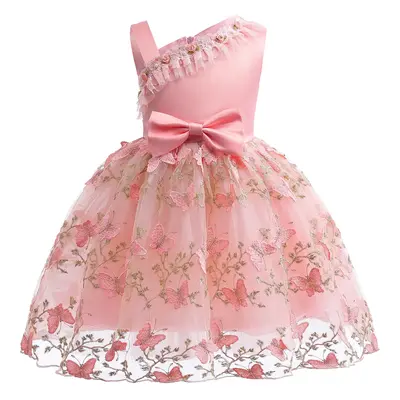Little Girls Butterfly Embroidery Bow 2-10Y Girls Sloping Shoulder Summer Gauze Performance Dress One Piece Party Dress Pink ...