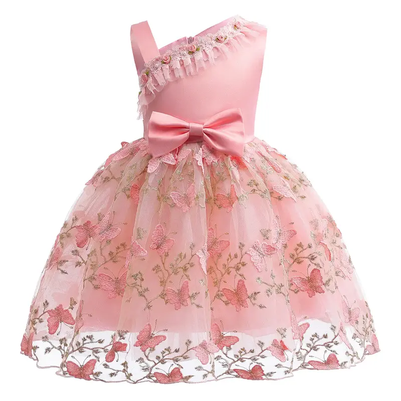 Little Girls Butterfly Embroidery Bow 2-10Y Girls Sloping Shoulder Summer Gauze Performance Dress One Piece Party Dress Pink ...