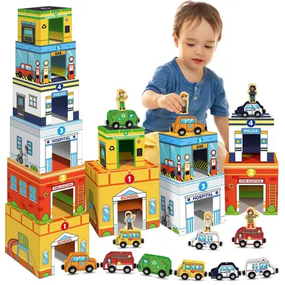 Aizweb Magnetic Wooden Vehicle Stacking Set - Sorting & Building STEM Toys with Cardboard Playmats, Montessori Early Learning...