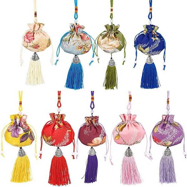 9Pcs 9 Colors Flower Pattern Brocade Bag Tassel Pendant Decorations