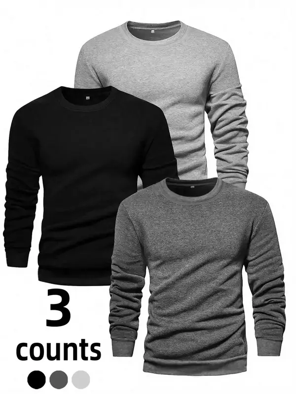 Men's Solid Crew Necks Long Sleeve Tee, Casual Comfortable Round Neck T-shirt for Fall & Winter, Men's Top for Daily Wear Cre...