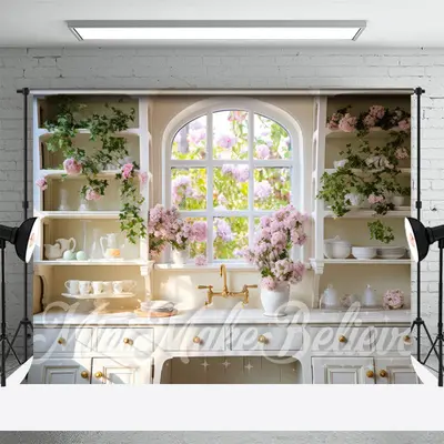 Pink Floral Vase White Gold Cupboard Window Backdrop - Aperturee