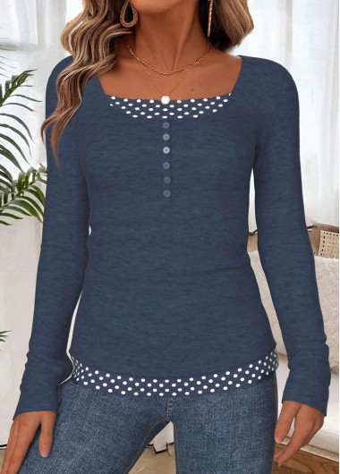 Modlily Navy Tummy Coverage Polka Dot Long Sleeve T Shirt - L