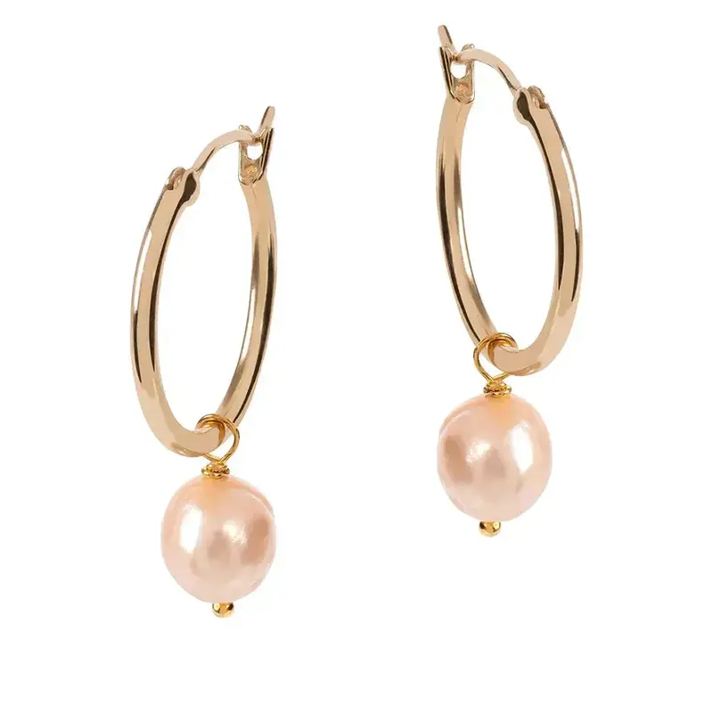 Venus Gold Hoop Earrings With Pink Pearl Charm | Size: Large