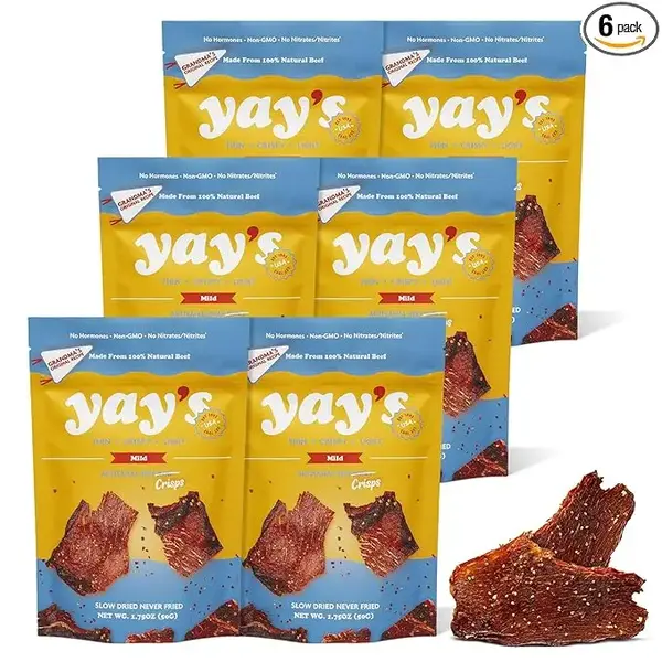Yay’s Beef Jerky – Original – 6 pack - Thin and Crispy - Crispy Meat Snacks with 24G Protein per Bag | Non-GMO, USA Mad...
