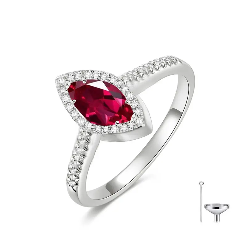 10K White Gold Marquise Cut Cubic Zirconia & Moissanite Personalized Birthstone Urn Ring for Ashes
