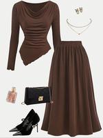 Women's Solid Ribbed Top & A-line Skirt Two-piece Set, Chic Elegant Fashion Long Sleeve Top & Skirt for Daily Outdoor Wear, M...