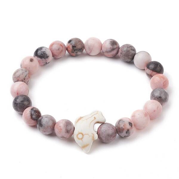 Synthetic Turquoise Dolphin Beads with Natural Pink Zebra Jasper Beaded Stretch Bracelets