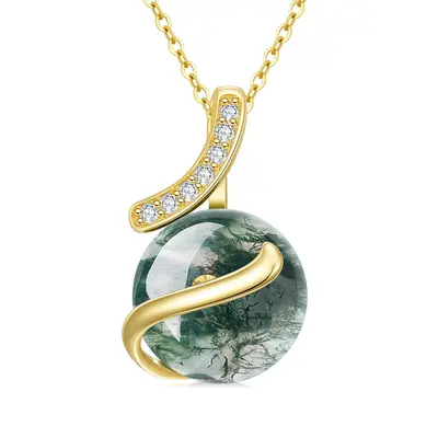 14K Gold Round Moss Agate Pendant Necklace