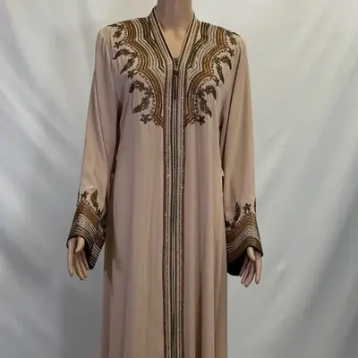 Golden Embroidered Zippered Abaya with Rhinestones and Belt - Beige Color Fashion Abaya