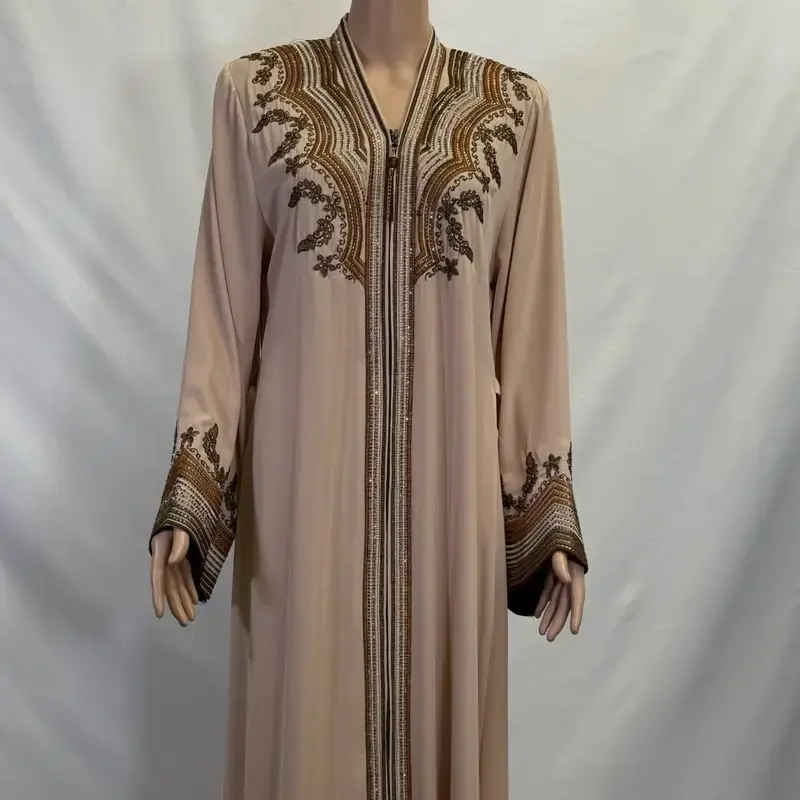 Golden Embroidered Zippered Abaya with Rhinestones and Belt - Beige Color Fashion Abaya