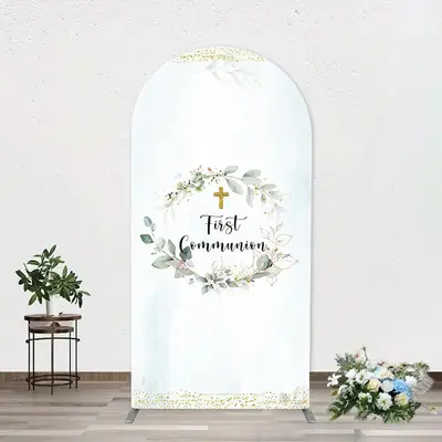 White Blue Leaves Gold Cross Arch Baptism Backdrop