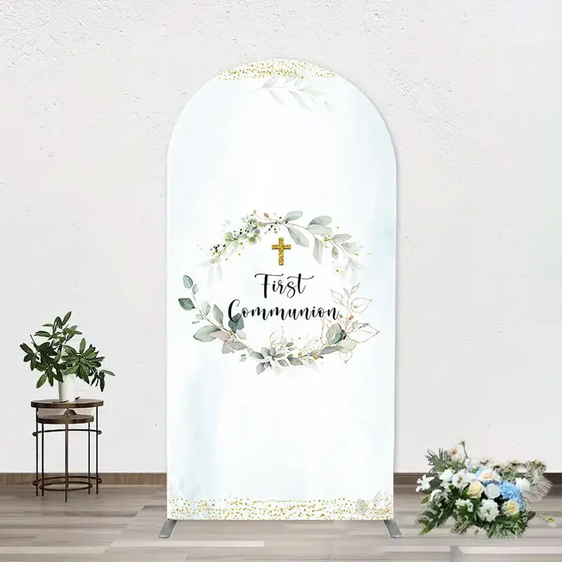 White Blue Leaves Gold Cross Arch Baptism Backdrop