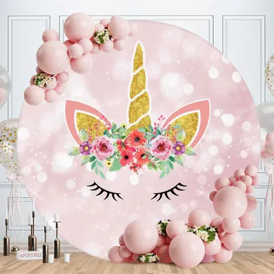 Aperturee Pink And Gold Floral Unicorn Bokeh Round Birthday Backdrops