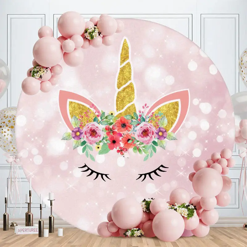 Aperturee Pink And Gold Floral Unicorn Bokeh Round Birthday Backdrops