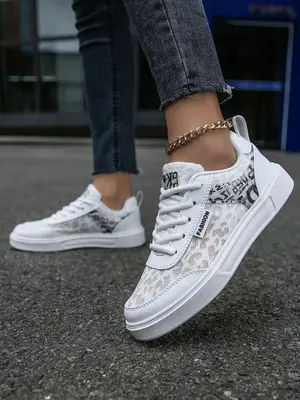 Women's Fashion Leopard & Letter Pattern Patched Design Lace Up Platform Sneakers, Casual Breathable Comfortable Running Spor...